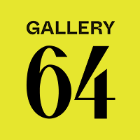 Gallery 64 gif with black text on yellow background. The number 64 changes to a different font every frame