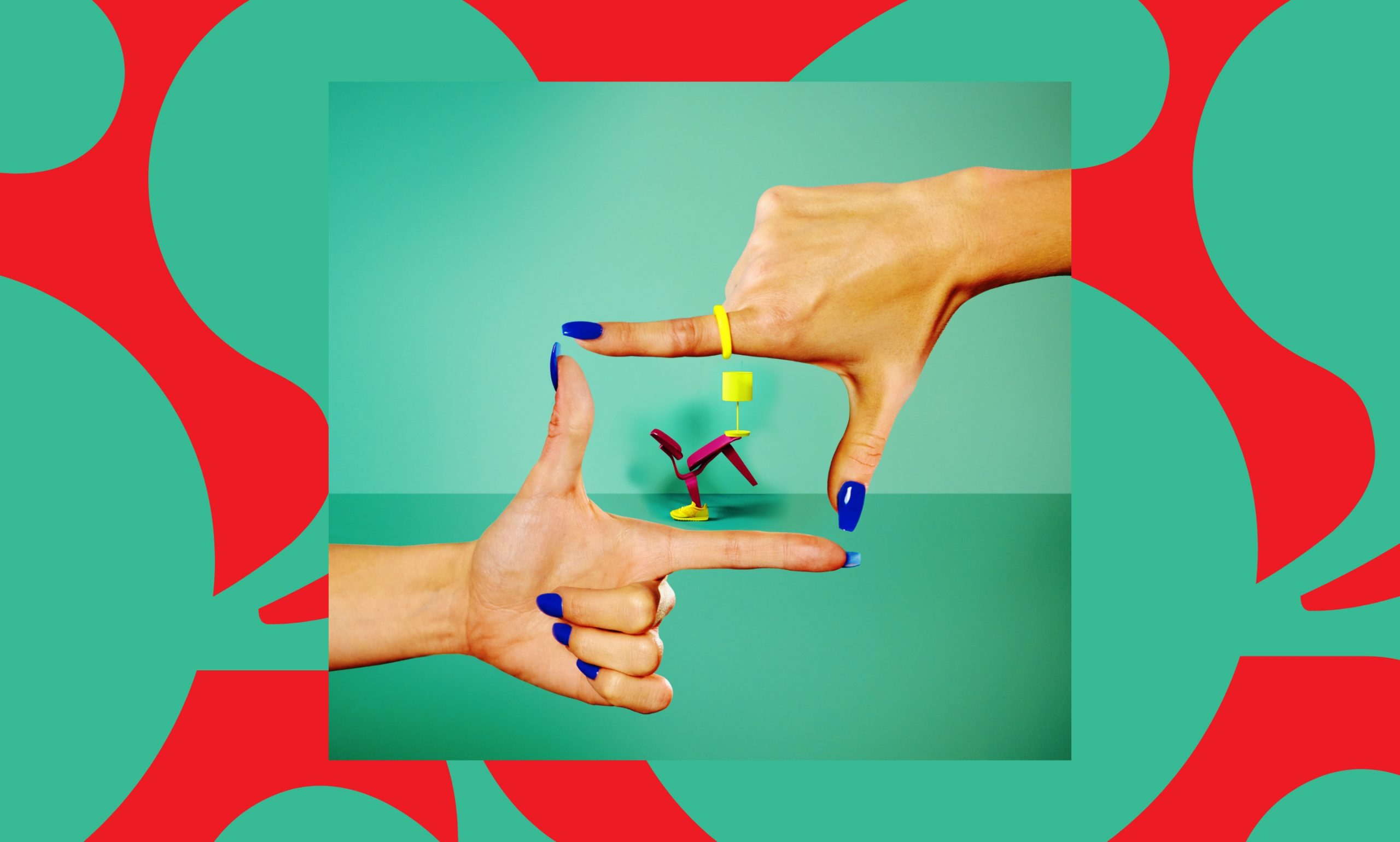 Graphic with a colorful abstract border and two hands creating a frame around a sculpture made of house furnishings.
