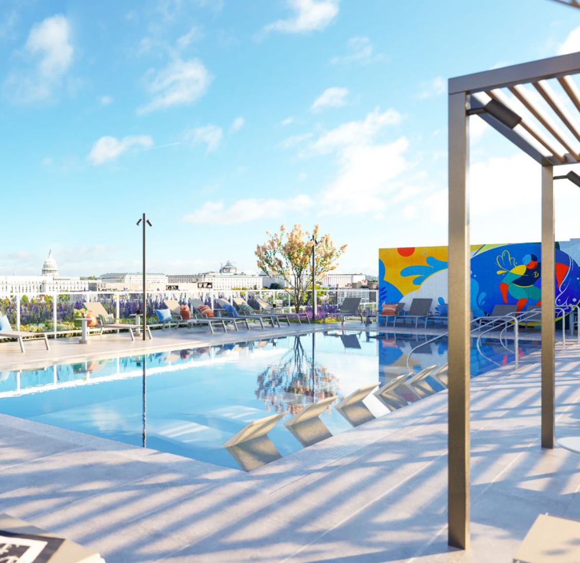 The Gallery 64 Apartment complex in washington DC includes views of the capitol building from the outdoor pool deck
